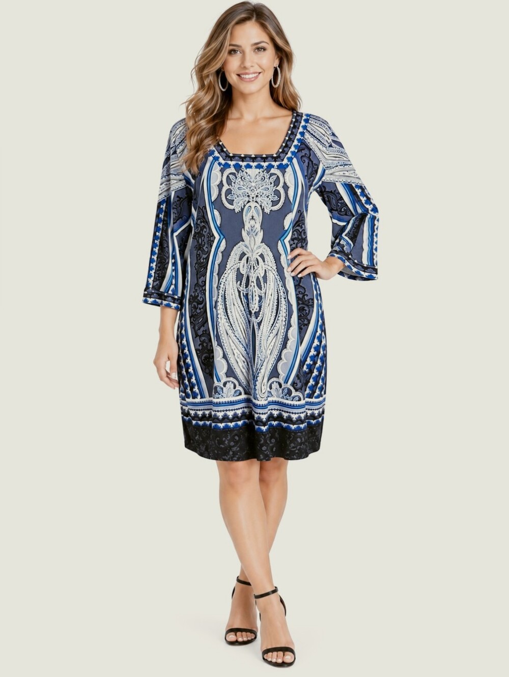 Alfani Blue, Black, Gray, White Printed Design Shift Dress, Size Medium